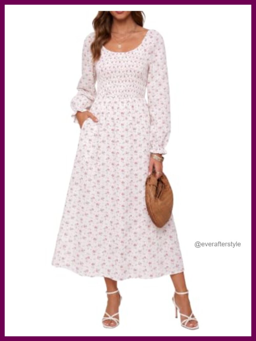 Womens Floral Midi Dress Long Sleeve Scoop Neck Elastic Waist Pockets
